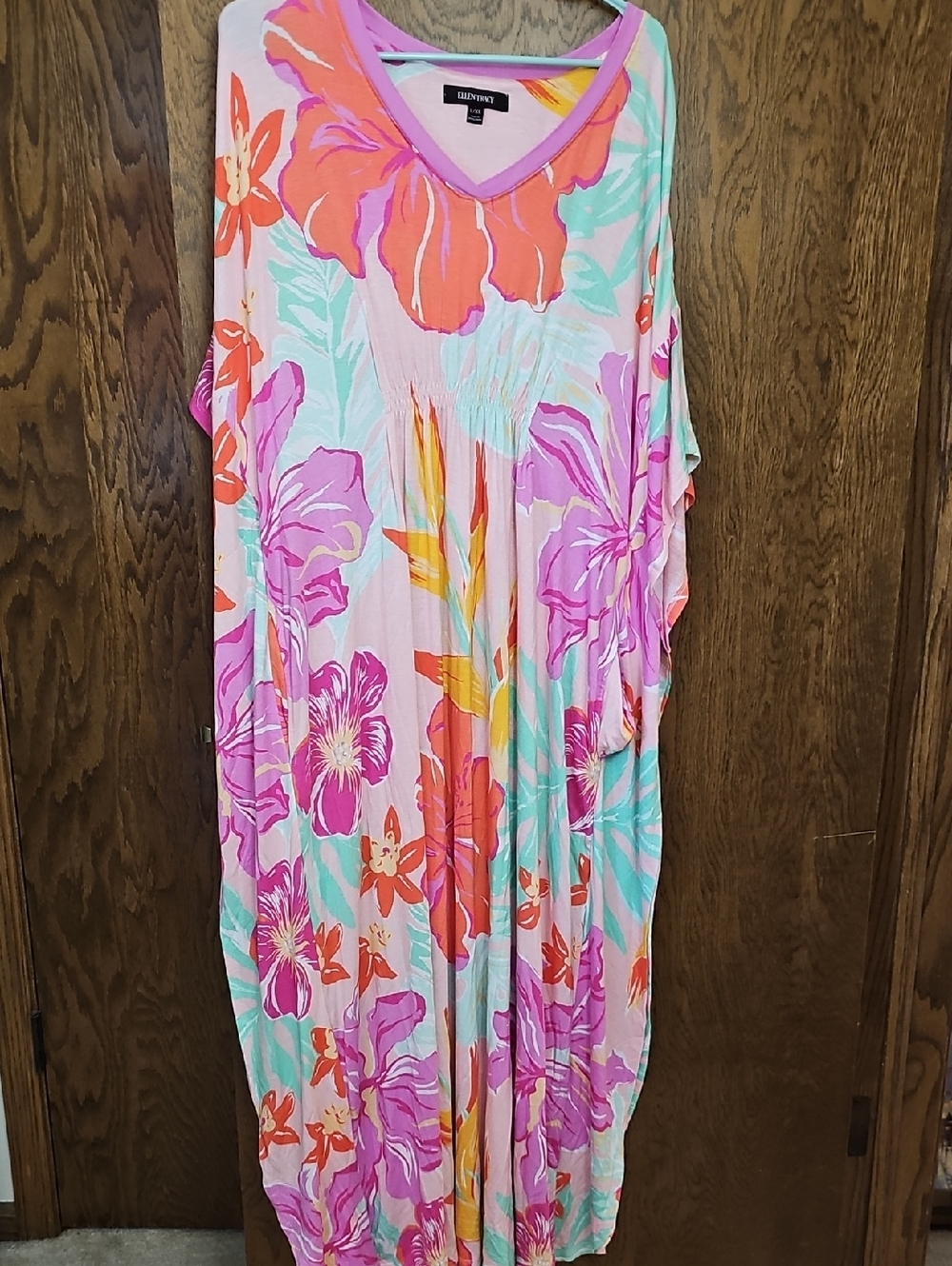 Ellen Tracy Pink Cotton Blend Lounge Dress with Lilac Trim